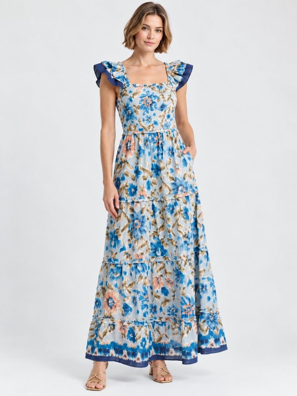 House of Harlow 1960 Zoey Blue Floral Smocked Tiered Maxi Dress XS NWT